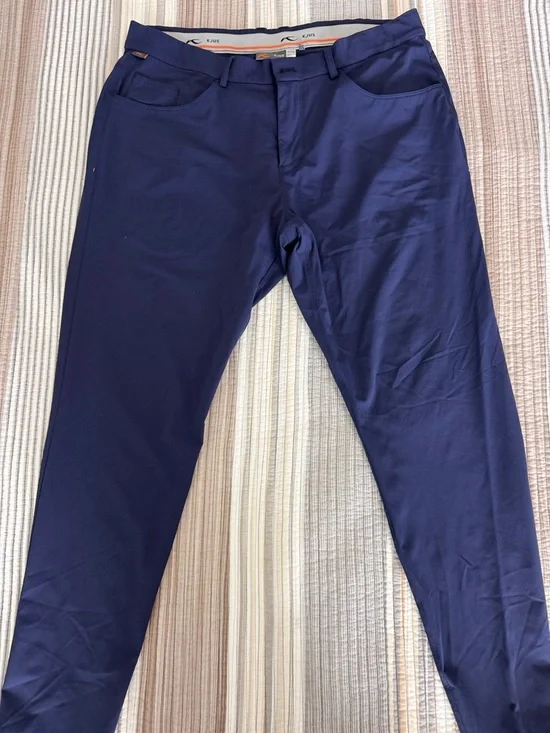 KJUS Men's Navy Performance Golf Pants with Orange Trim - Picture 3 of 4